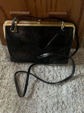 HOBO Black Patent Frame-Top Wristlet with Gold Hardware